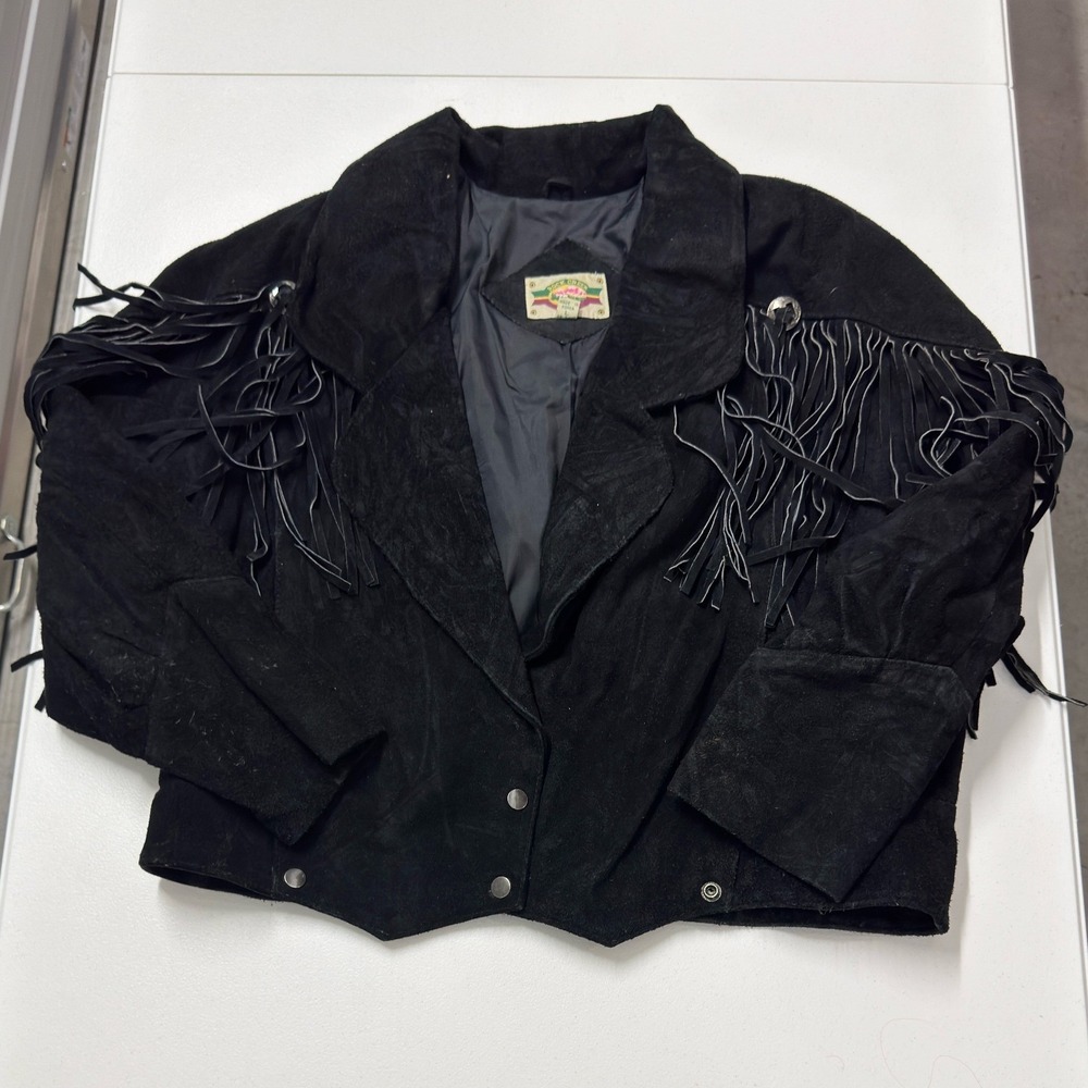 Rock Creek Fringe Jacket Womens L Black Vintage Suede Leather Western Cropped